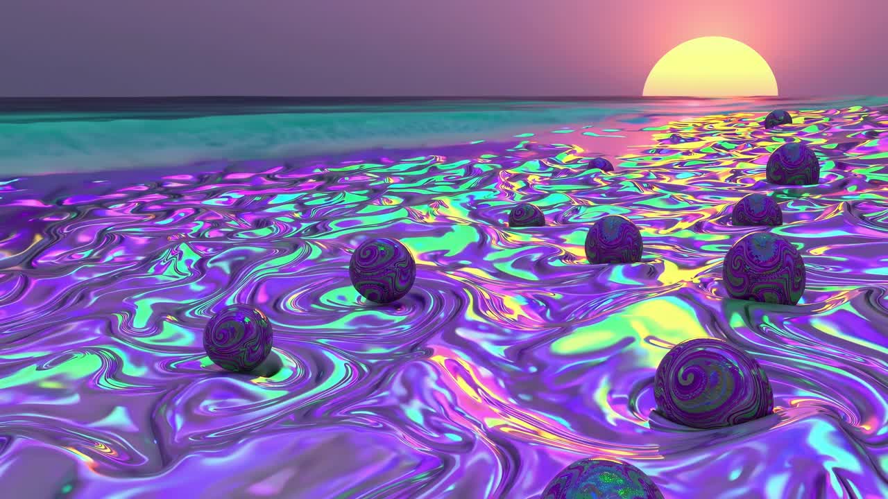 Metallic iridescent liquid flowing on a beach at sunset with decorative spheres partially submerged, creating a surreal and mesmerizing scene