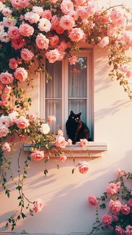 black cat posing in a rose garden window