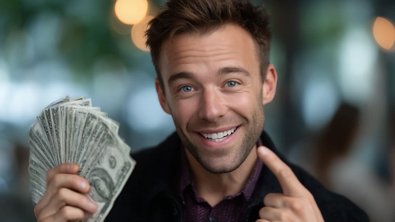 Un uomo sorridente che tiene in mano dei soldi con un'espressione coinvolgente, che mostra entusiasmo e felicità in un'atmosfera informale piena di una tenue illuminazione di sfondo