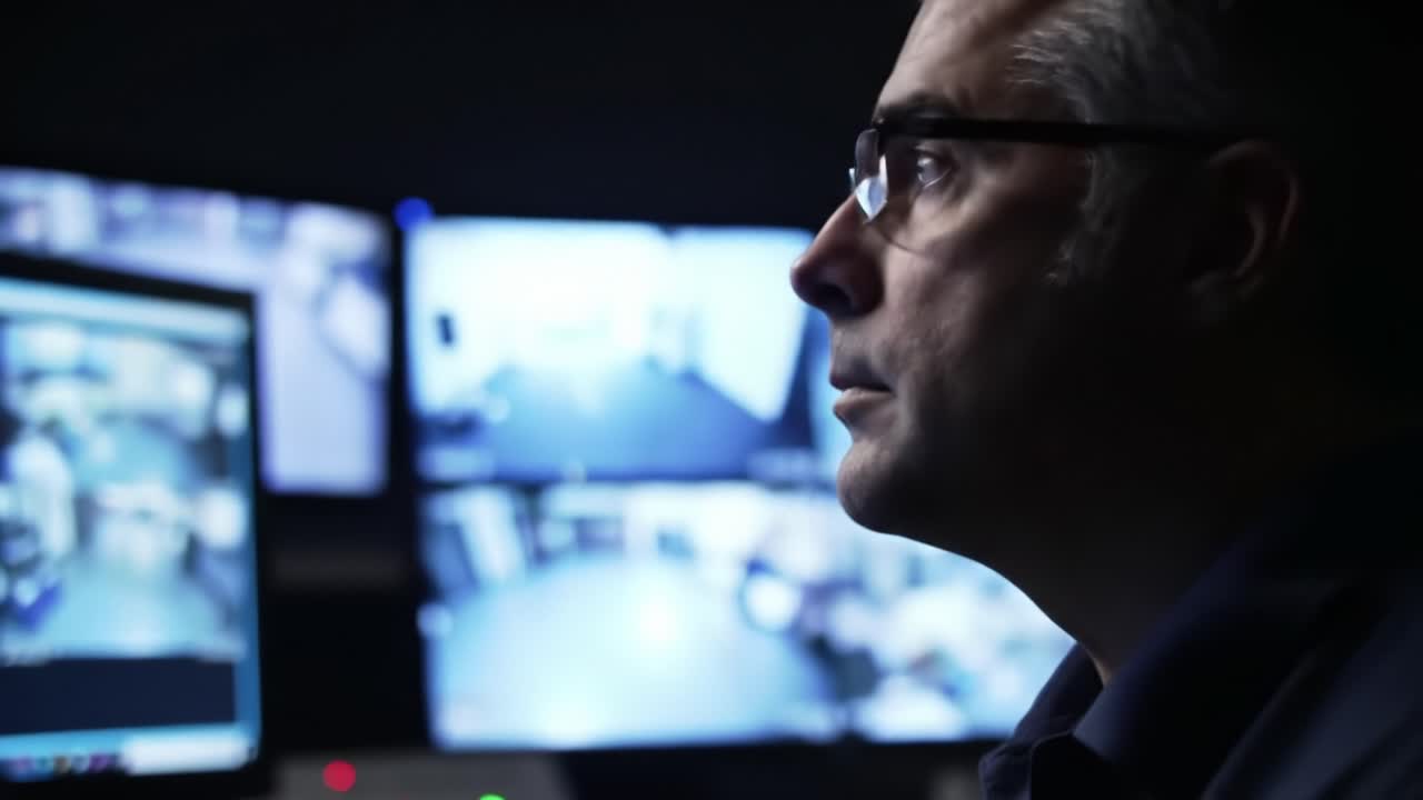 A Focused Security Operator Analyzing Multiple Surveillance Footage on Computer Monitors in a Dark Control Room Environment