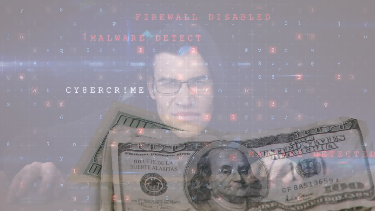 animación de advertencia de crimen cibernético y hacker sobre billetes de dólar que caen