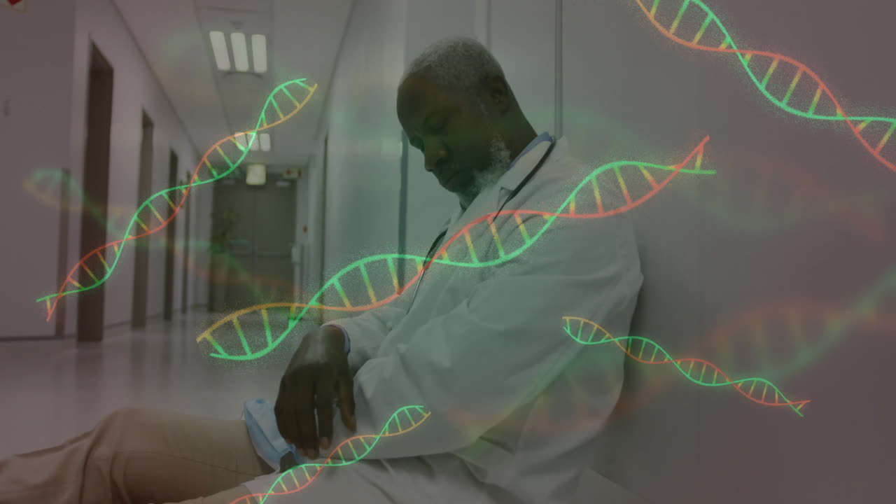 DNA strands animation over tired doctor sitting in hospital corridor