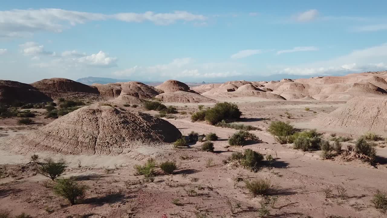 Tilt Up Aerial View of Dry Landscape and Desert Vegetation in La Rioja Province, Argentina