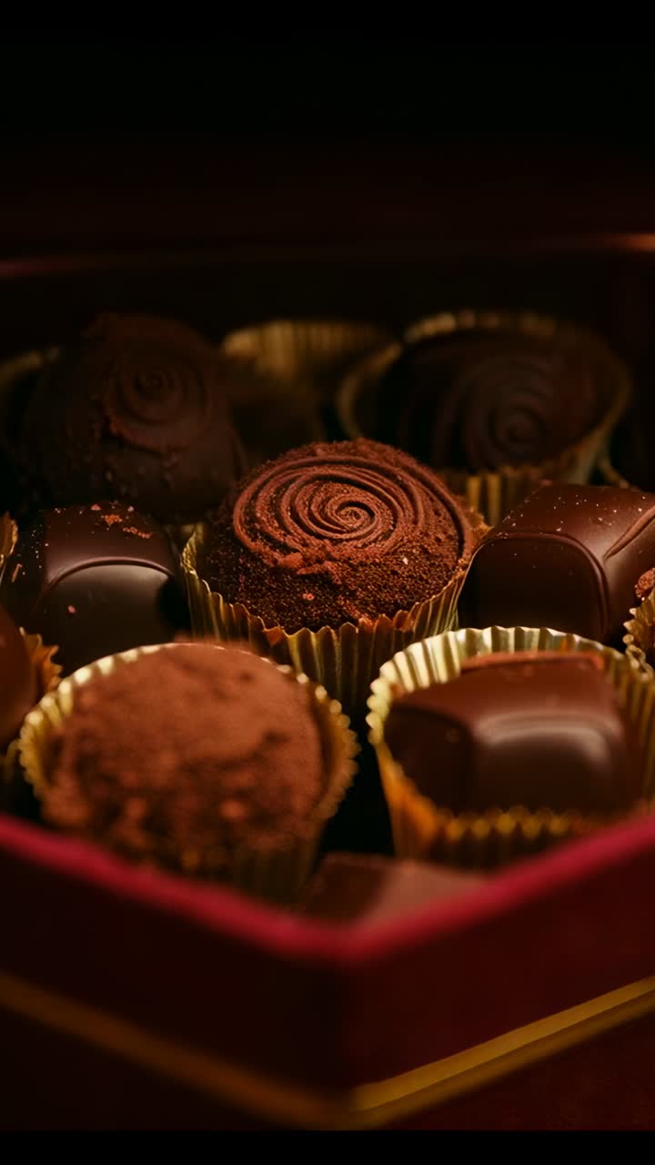 Vertical video: Touching red velvet box, hand lifting lid at table, showing truffles in gold cups