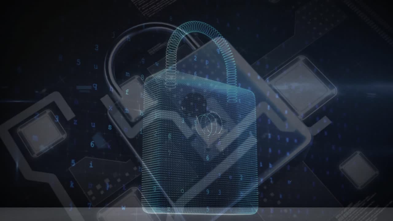animación del icono del candado de seguridad a través de la red de conexiones y procesamiento de datos.