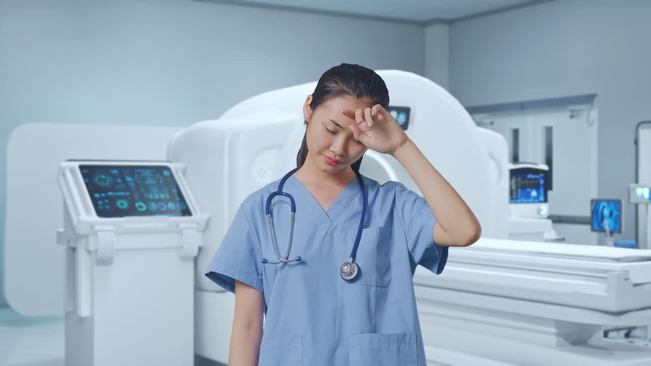Tired Asian Female Doctor Standing With Mri Machine