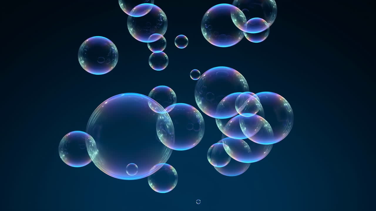Iridescent Soap Bubbles Floating Upwards on Dark Blue Background