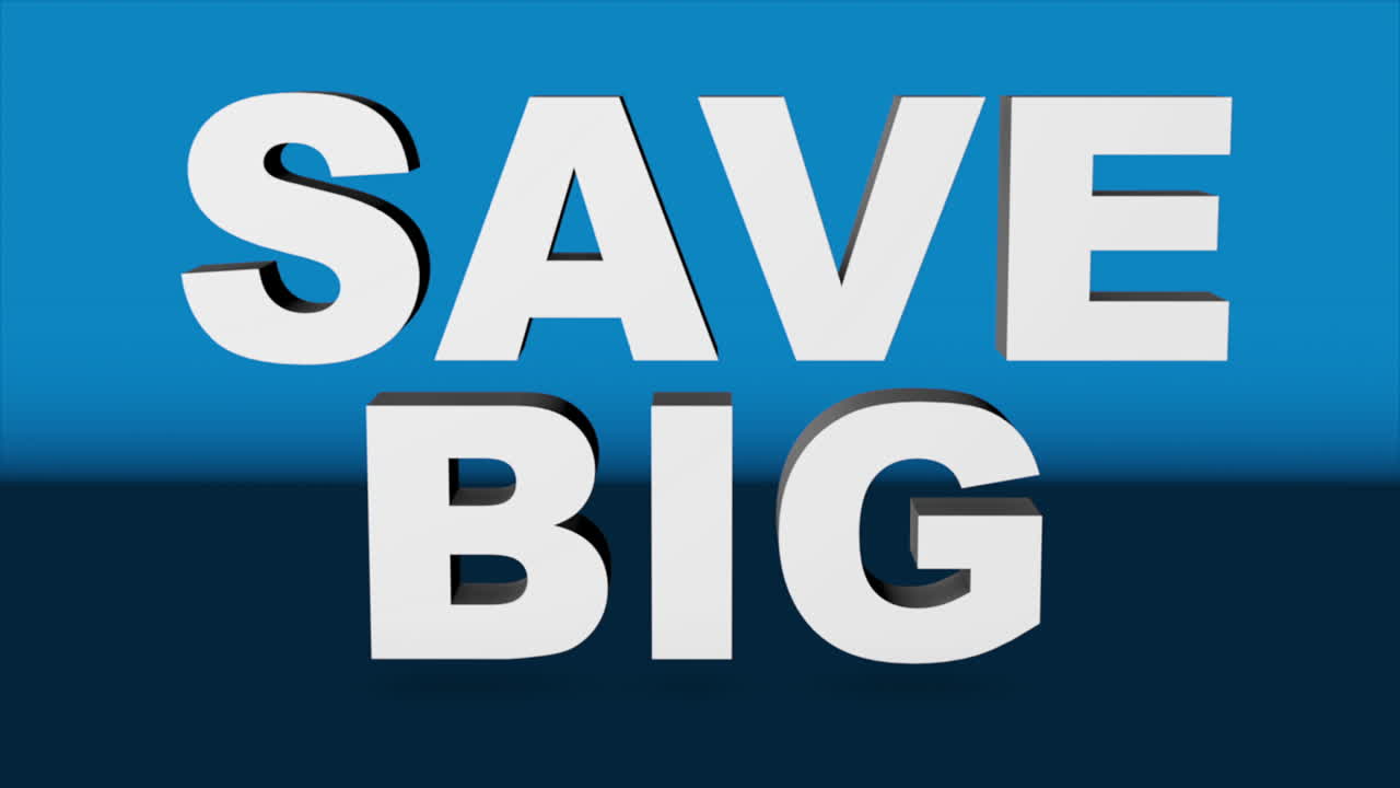 A 3D graphic rendered with Cinema 4D, of white 3D text &amp;quot;SAVE BIG&amp;quot; against blue background