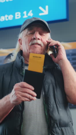 senior man checking boarding pass at airport