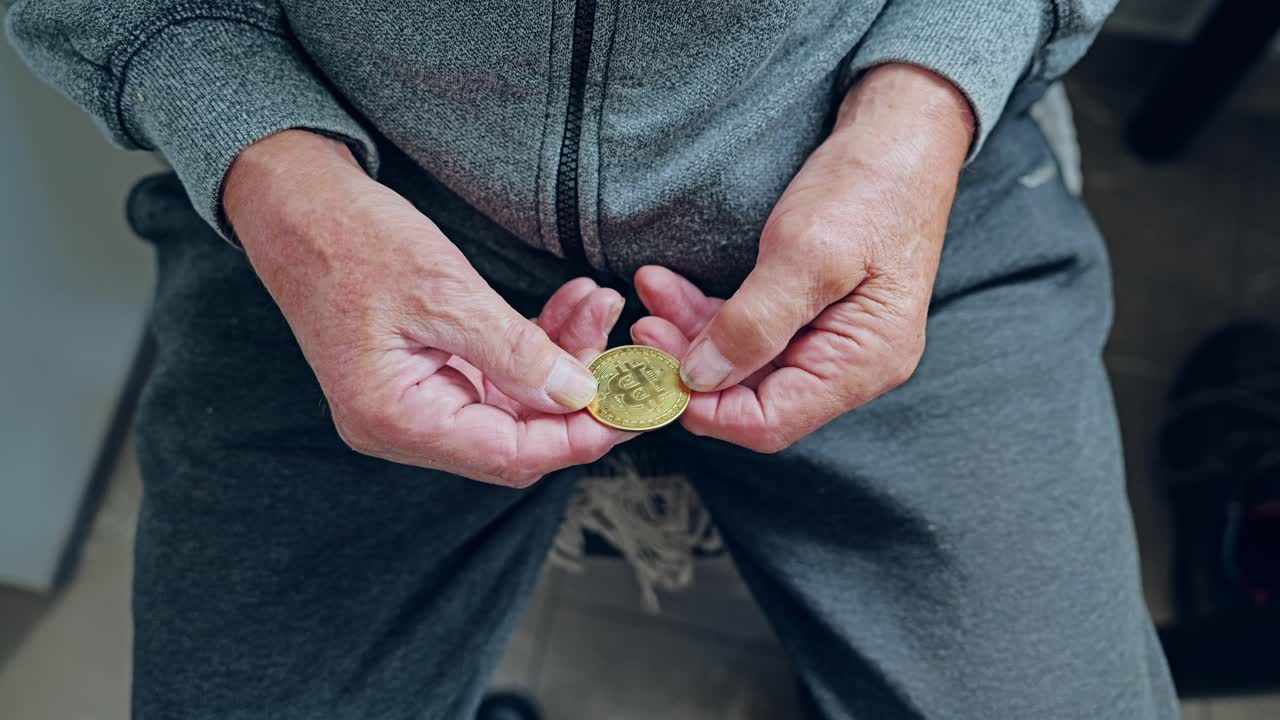 Yaşlı eller bitcoin madeni parayı inceliyor, jeopolitik ekonomik çatışma