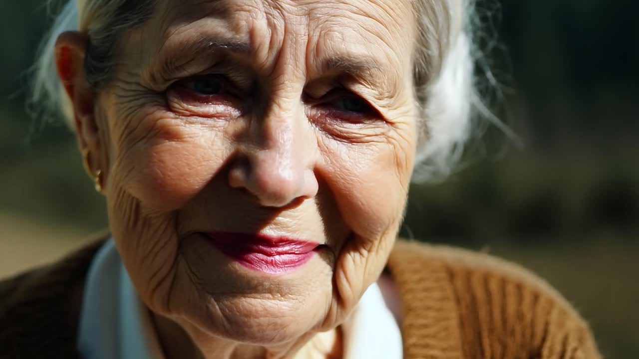 Elderly woman displays a range of facial expressions, conveying a sense of contemplation and emotion