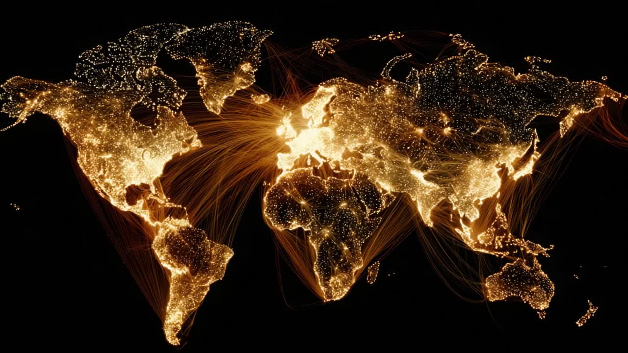 Glowing golden lines connecting continents and cities on a world map at night, illustrating international communication, flight paths, trade routes, internet traffic, and global business networks
