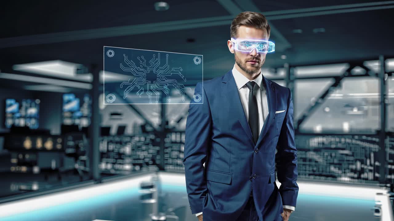 Businessman interacting with futuristic virtual interface