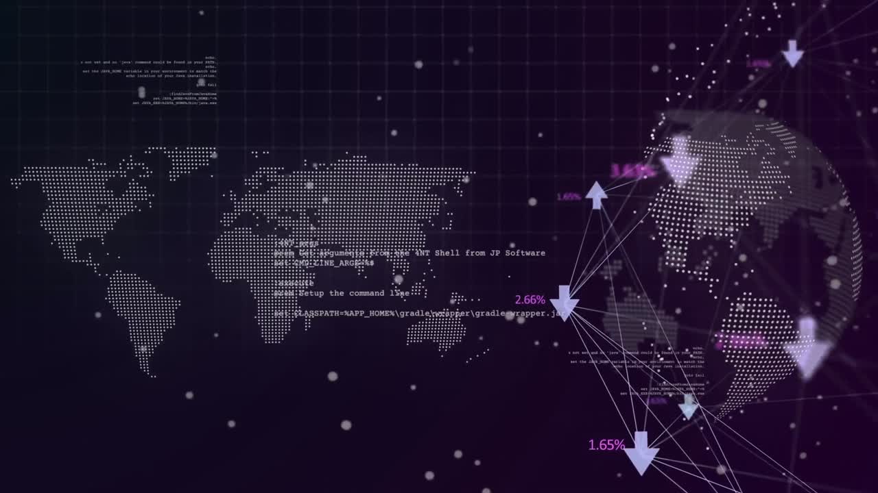 Animation of data processing with world map and network of connections with globe