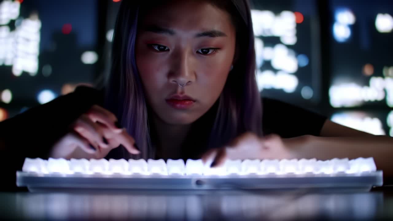 A Focused Individual Engaging with a Backlit Keyboard Under a Night Cityscape, Highlighting the Fusion of Technology and Concentration in a Digital Environment