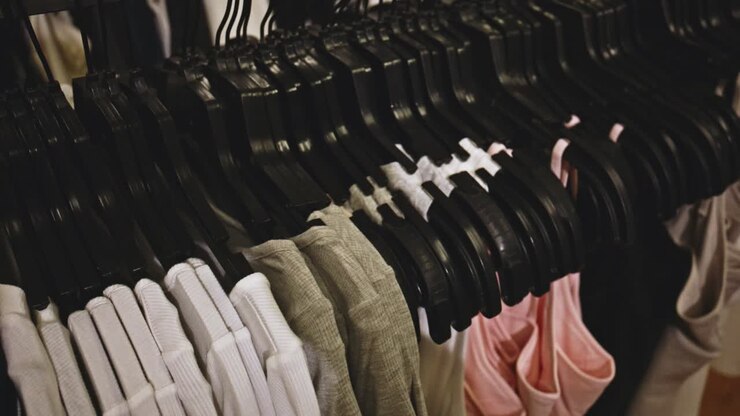 clothes that are for sale hanging from a clothes rack on hangers