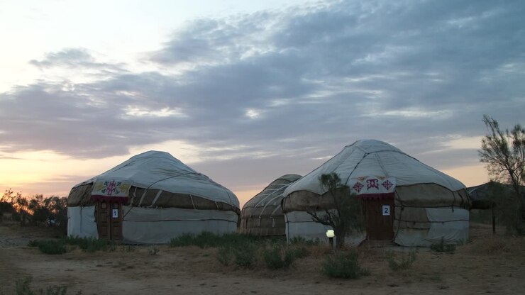 Yurts in Desert at Dusk