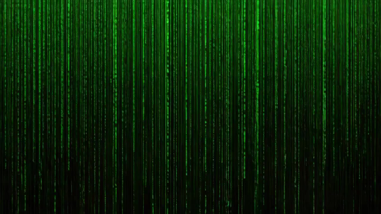 Streaming green vertical code streaks growing on black field as frames advance, with glowing pixels