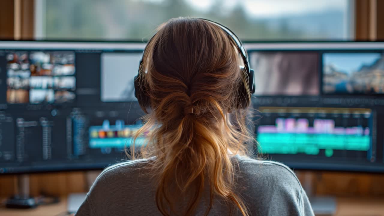 Focused Content Creator Engaged in Video Editing with Dual Monitors, Headphones On, Capturing the Essence of Modern Digital Production in a Cozy Workspace