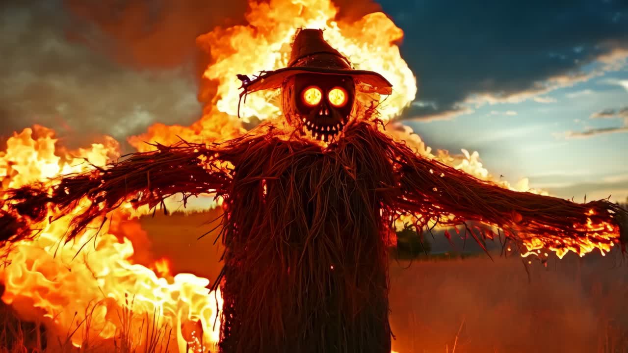 un espantapájaros en un campo de fuego con un sombrero