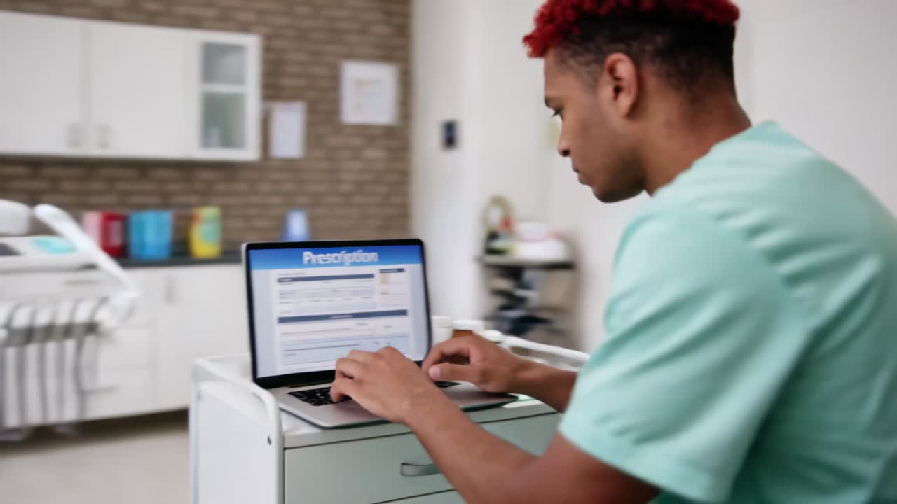 Typing clinician in scrubs updating chart with cart in dental room prompted by Rx on laptop