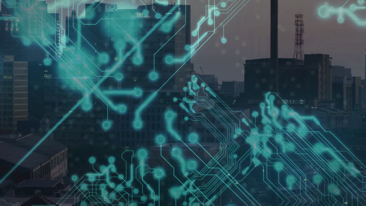 animación de un circuito integrado sobre el paisaje urbano