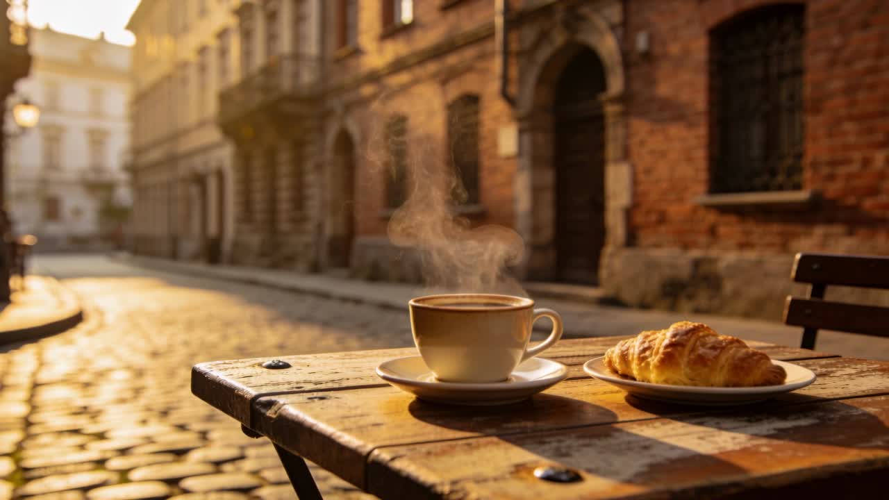 Con l'alba, una tazza di caffè fumante che emana vapore su un tavolo del caffè, un croissant e ciottoli.