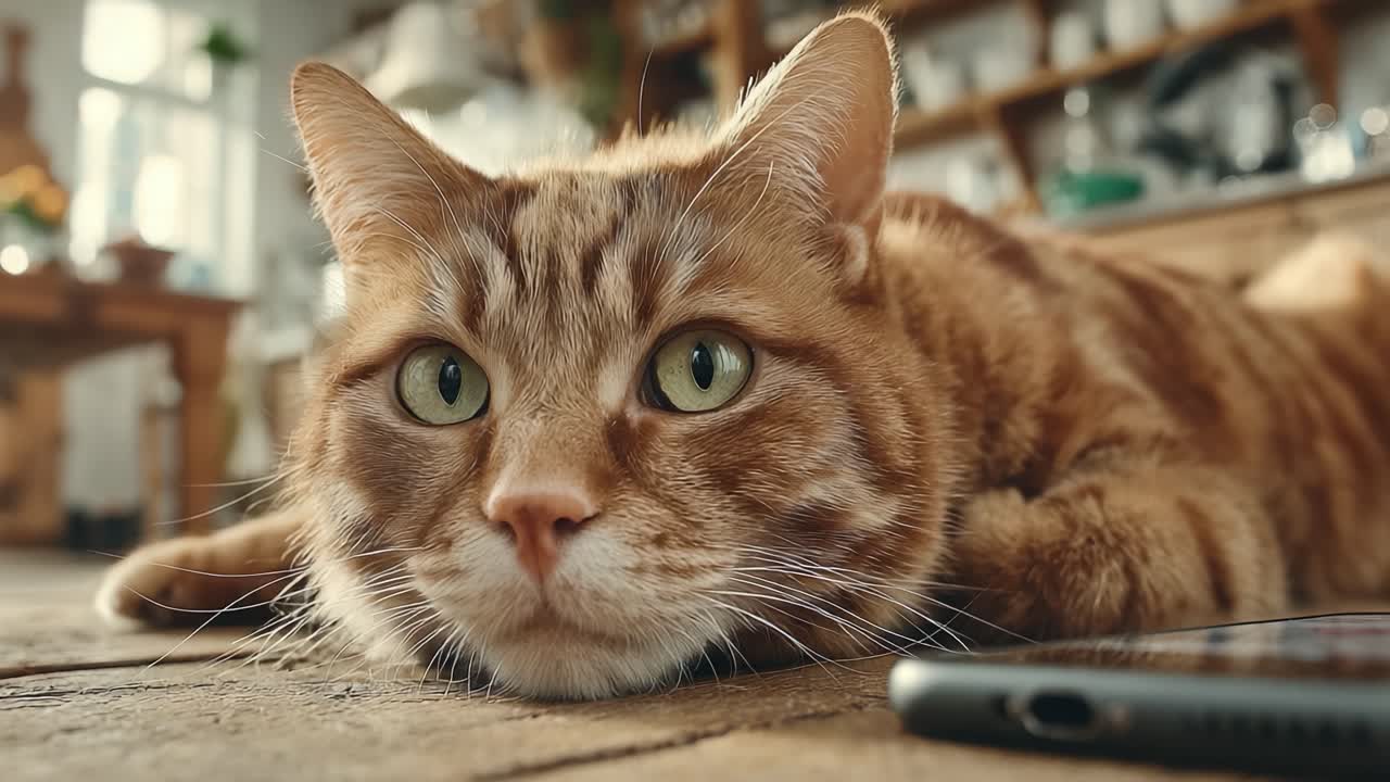 Un gatto rosso rilassato che si adagia comodamente su un pavimento in legno, catturando l'essenza della serenità e curiosità felina in un ambiente interno accogliente