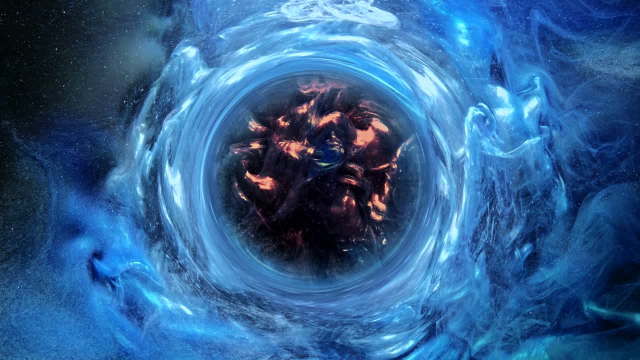 el remolino de tinta, el magma fundido, el brillo azul, el movimiento del círculo.