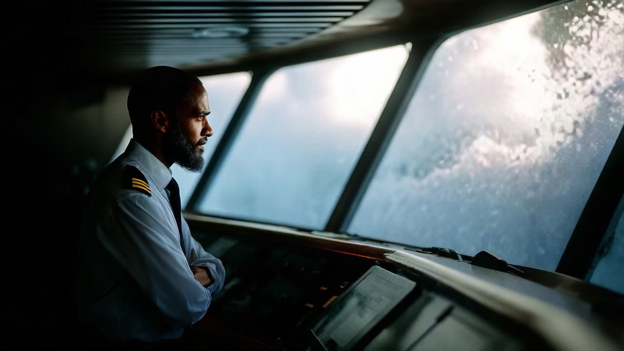 A Reflective Maritime Leader: A diligent ship captain gazes through the bridge window as tumultuous waves crash outside, embodying strength and resilience against nature's fury