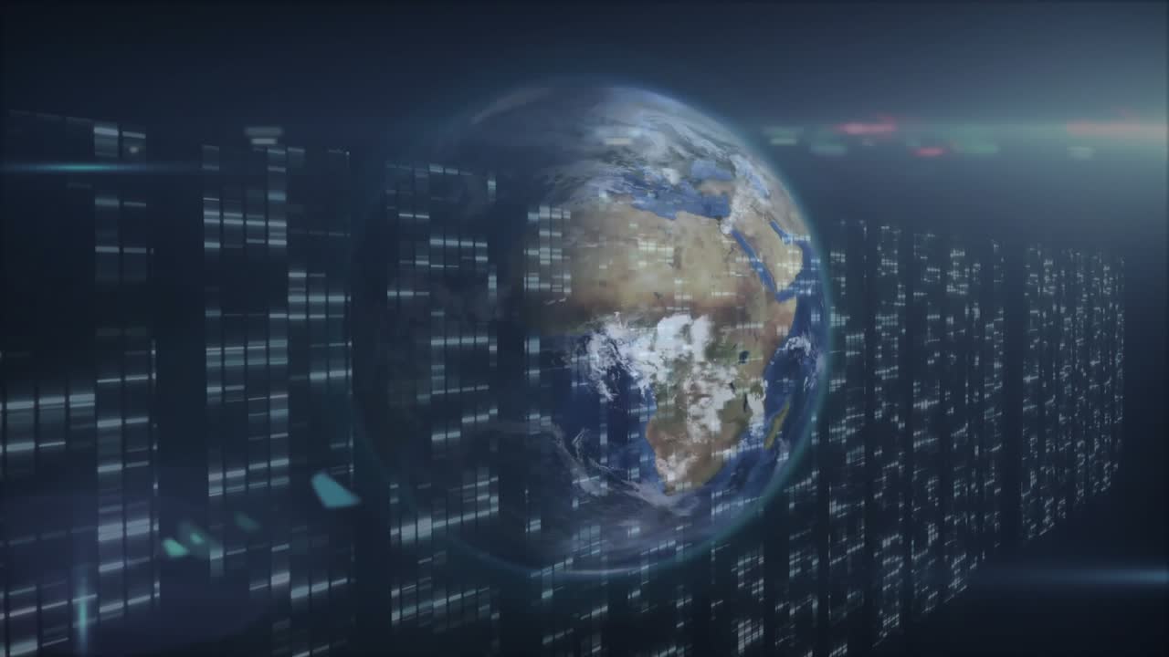 On startup rotating Earth globe appearing through flickering data panels visualizing data flow
