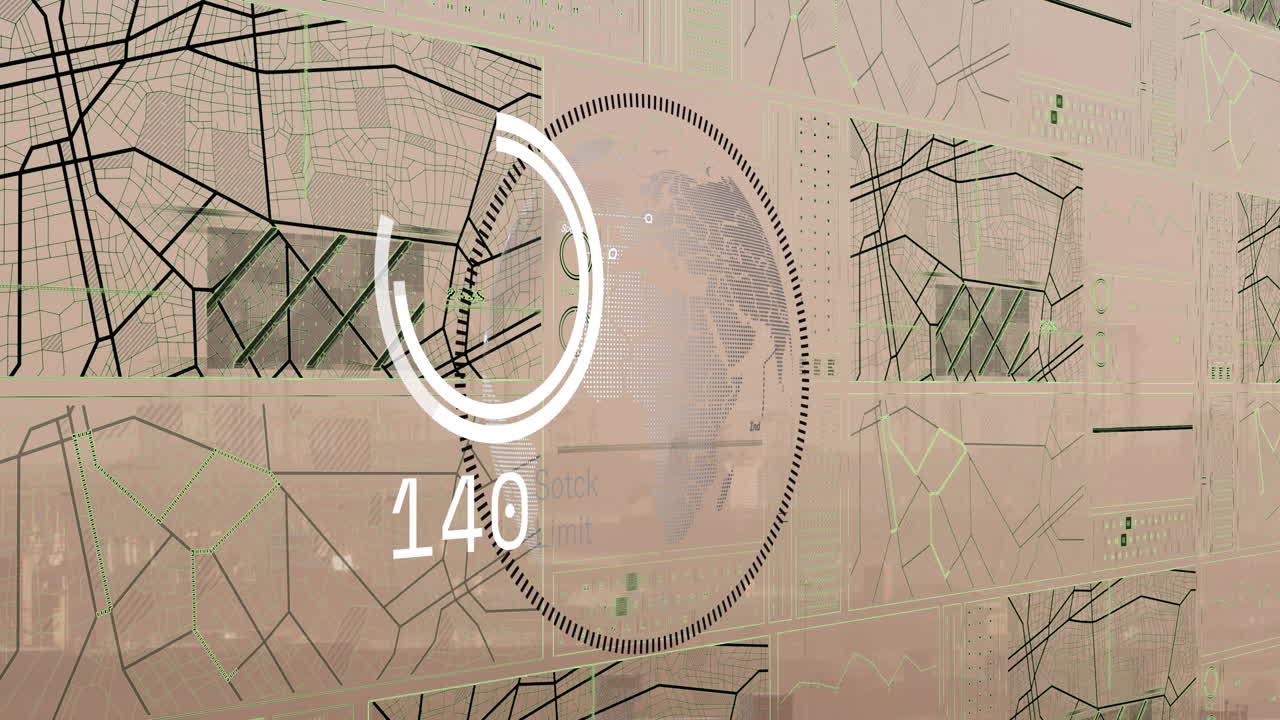 지구를 원으로 애니메이션, 로딩 원, 도시 위의 내비게이션 패턴과 함께 번호를 변경