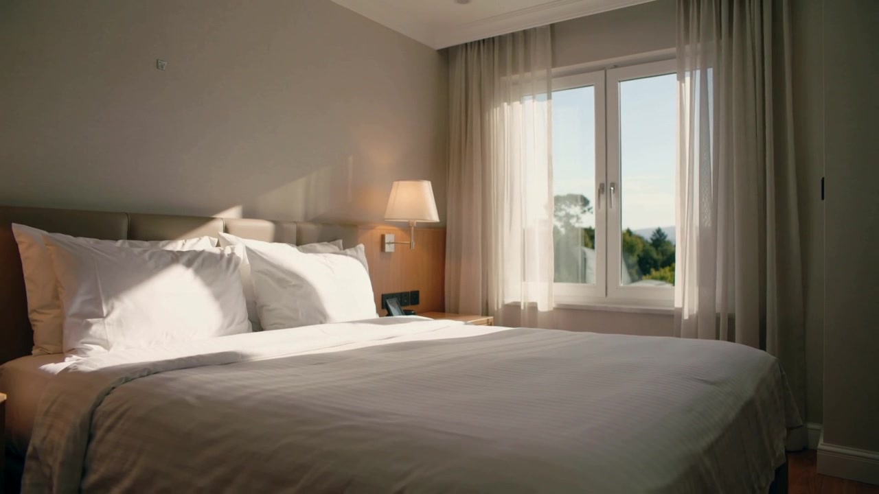 Letto king-size rifatto posizionato al centro in una camera da letto illuminata delicatamente, con la luce del sole che si sposta, mostrando la luce del mattino.