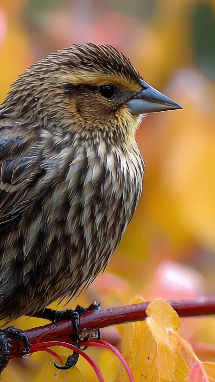 Primo piano di un uccello colorato appollaiato su un ramo circondato da vivaci foglie autunnali, che mostra intricati disegni di piume e la bellezza naturale.