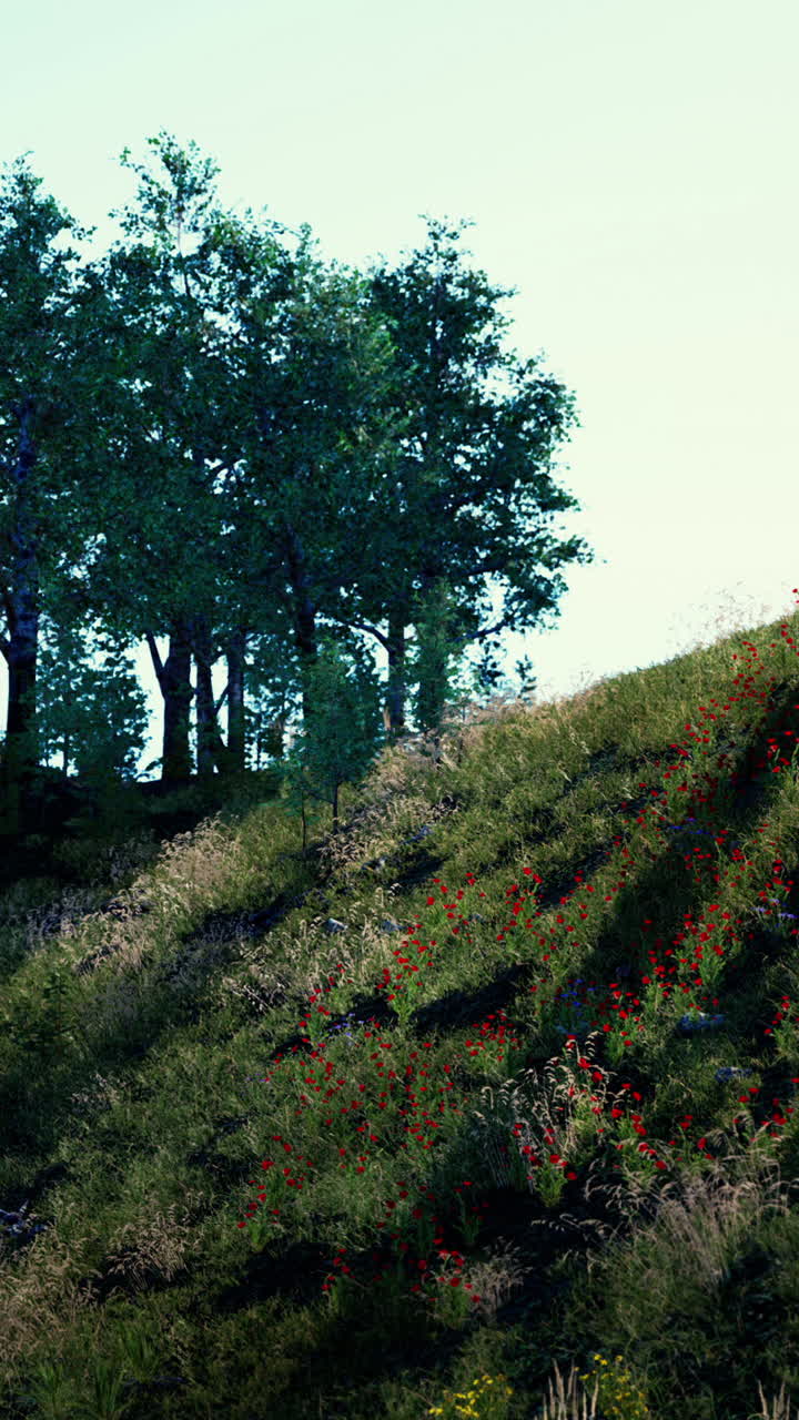 은 야생 꽃, 초록색 풀, 그리고 배경 에 있는 나무 들 이 있는 아름다운 초원