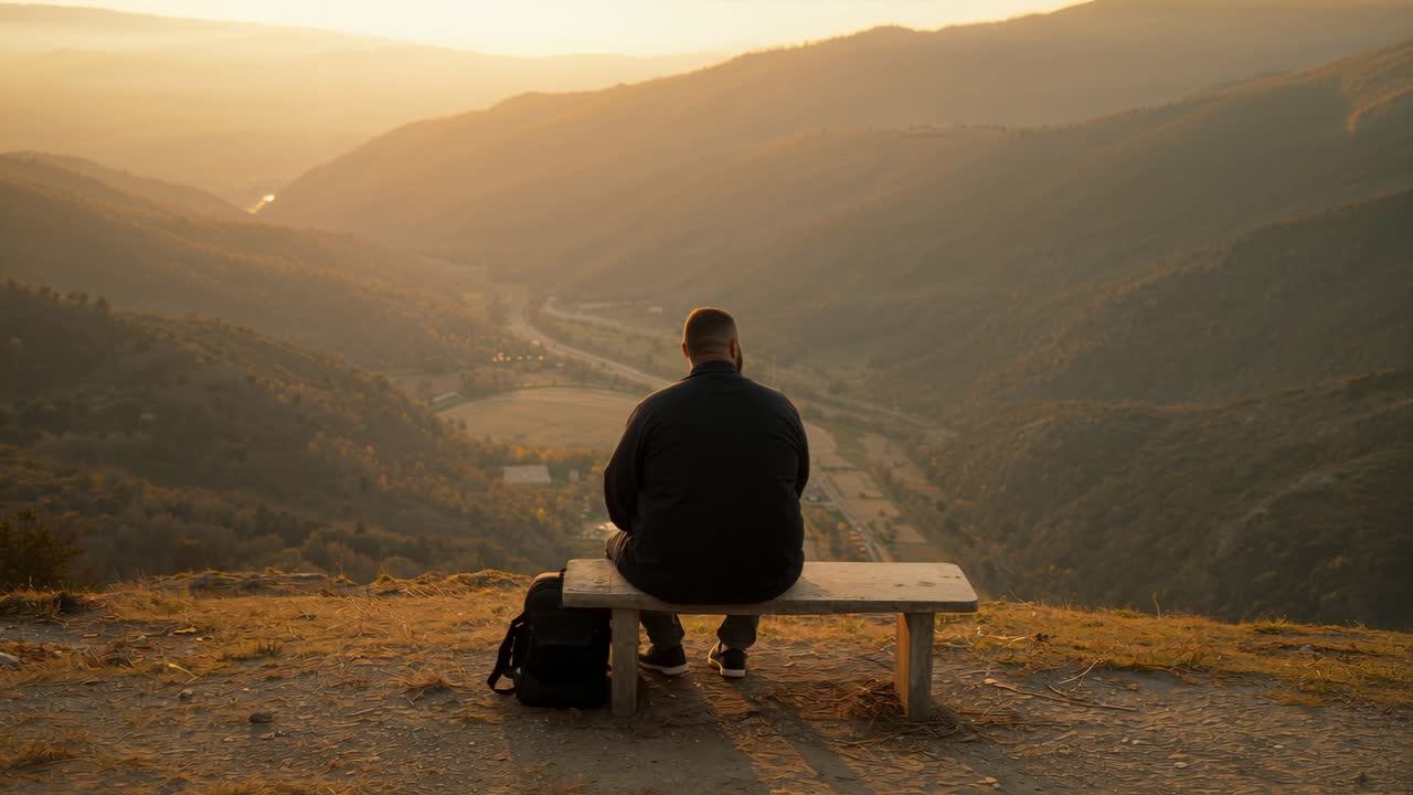 Uomo con giacca scura seduto su una panchina di legno, che guarda il sole che cala da un punto panoramico in cima a una collina, con lo zaino lasciato accanto.