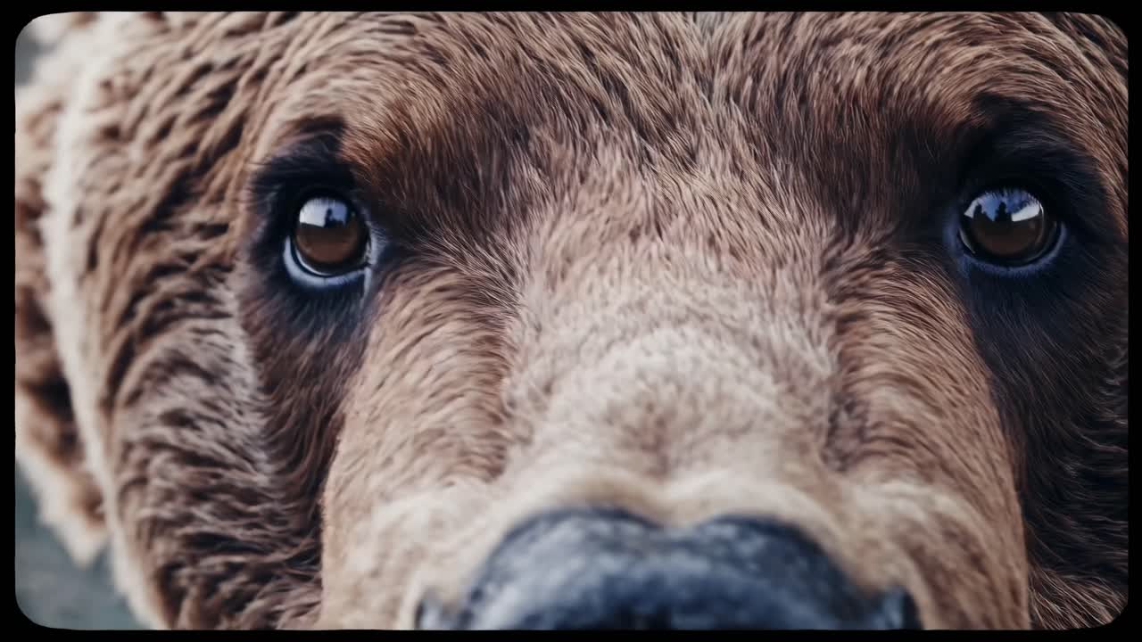 Close-up of a bear's eye, capturing intricate fur details. The intimate angle creates a dramatic