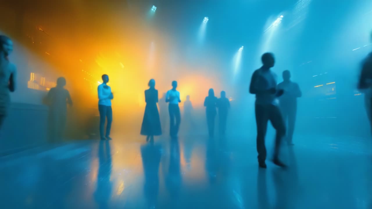 An Enigmatic Dance of Shadows: A Dreamlike Exploration of Color, Motion, and Human Connection in a Vibrant Atmosphere of Curiosity and Energy
