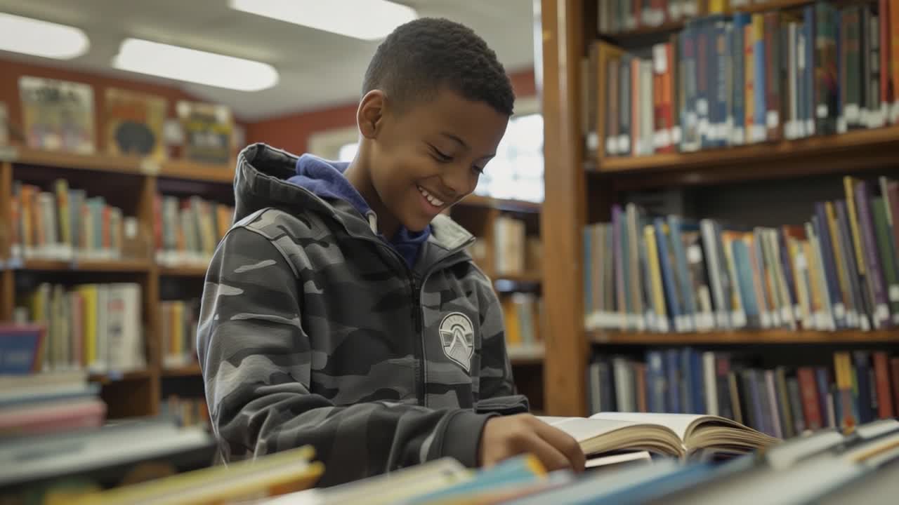 niño leyendo un libro en la biblioteca