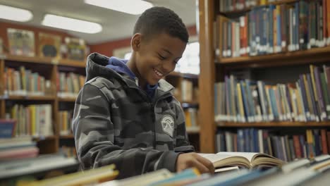 boy reading a book in the library