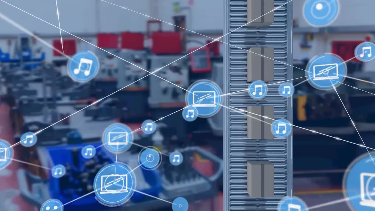 창고의 컨베이어 벨트에 있는 상자 위의 연결 네트워크와 아이콘의 애니메이션