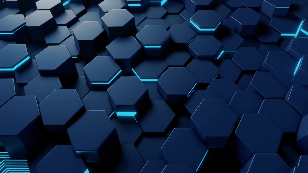 Futuristic Hexagonal Grid with Pulsing Blue Lights and Circuits