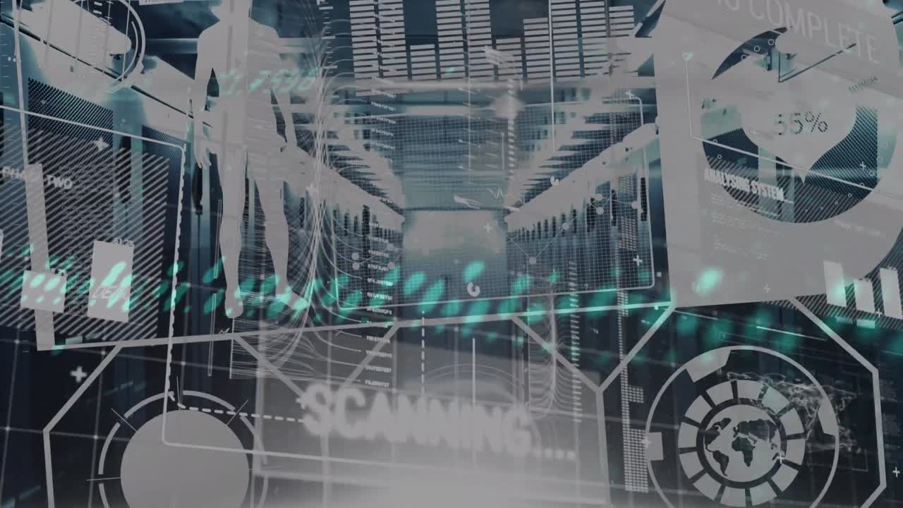 animación del procesamiento de datos con iconos sobre la sala del servidor