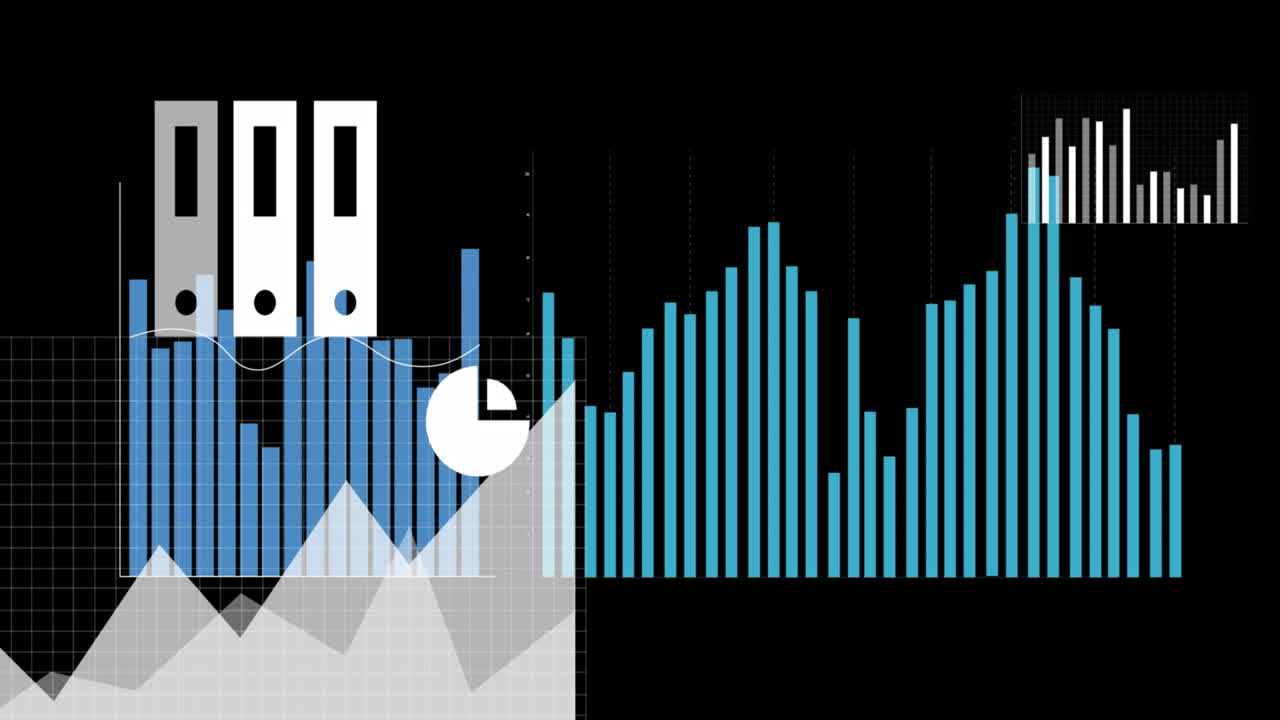 animación de iconos digitales que flotan sobre el procesamiento de datos estadísticos contra un fondo negro.
