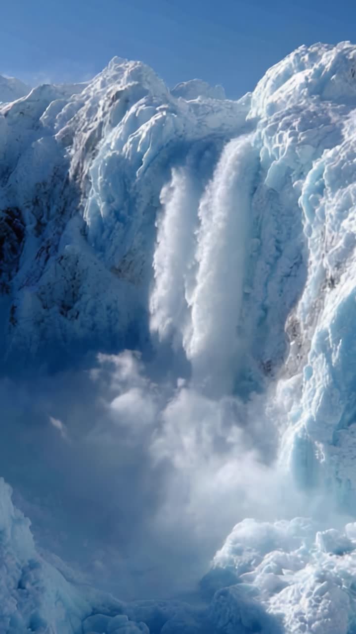Majestic Glacier Waterfall Cascading Down Ice Formations Under Clear Blue Sky, Capturing the Beauty of Nature's Frozen Landscape