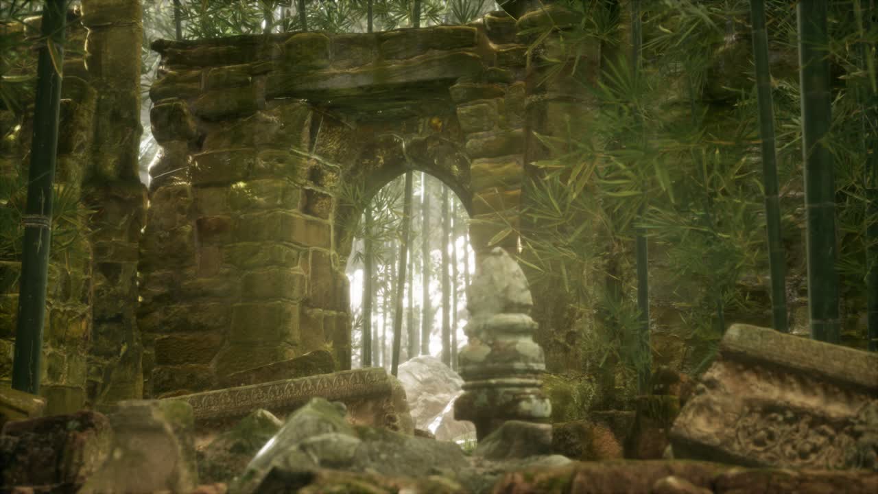 las ruinas de edificios antiguos en el bosque de bambú verde