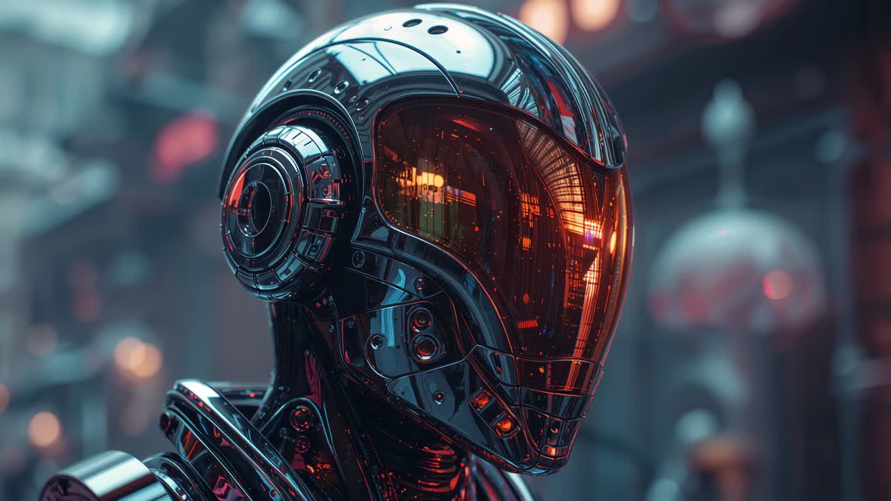 Starting close-up revealing android head with red visor in lab, showing plating with shifting light