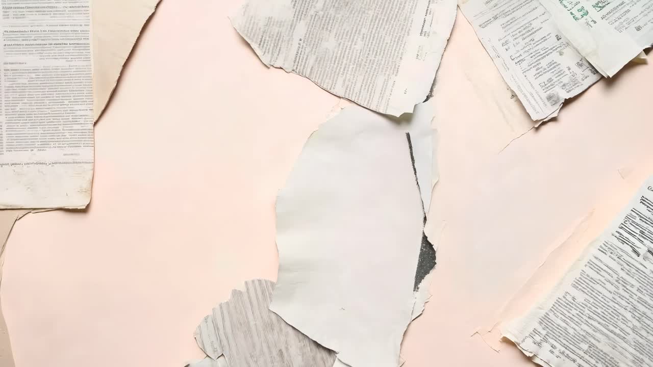 Top-down video view of torn paper collage on a pastel background, blending textures and text