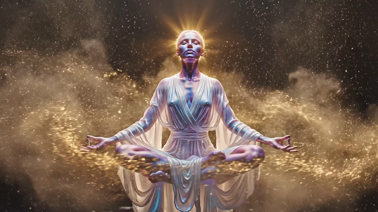 Meditating Woman in Lotus Position with Sparkling Aura