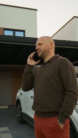 man talking on phone outside modern home